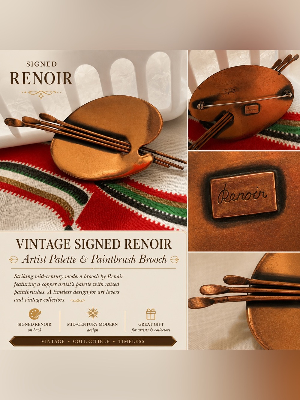 Signed Renoir Matisse Copper-Tone Artist Palette Brooch with Paintbrushes
